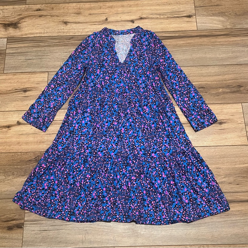 Lilly Pulitzer Alaina Dress XXS Growl and Prowl 3/4 Sleeve Ruffle Blue Pink